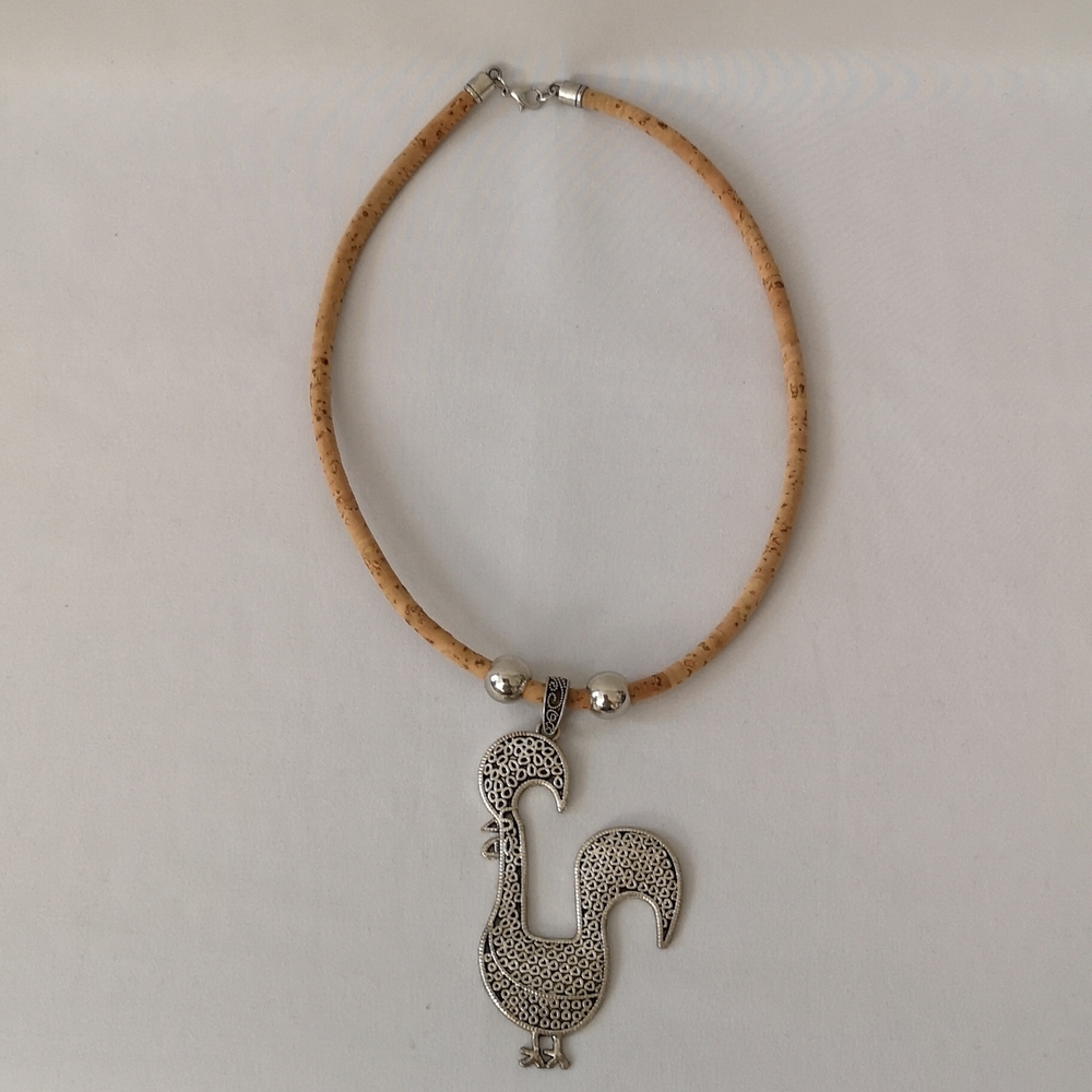 Very Unique Women's Necklace with Cork and Silver-like Rooster Pendant, Like-new